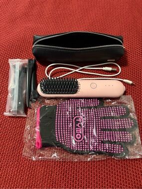 TYMO Cordless Pink Heated Hair Straightening Brush with Travel Pouch